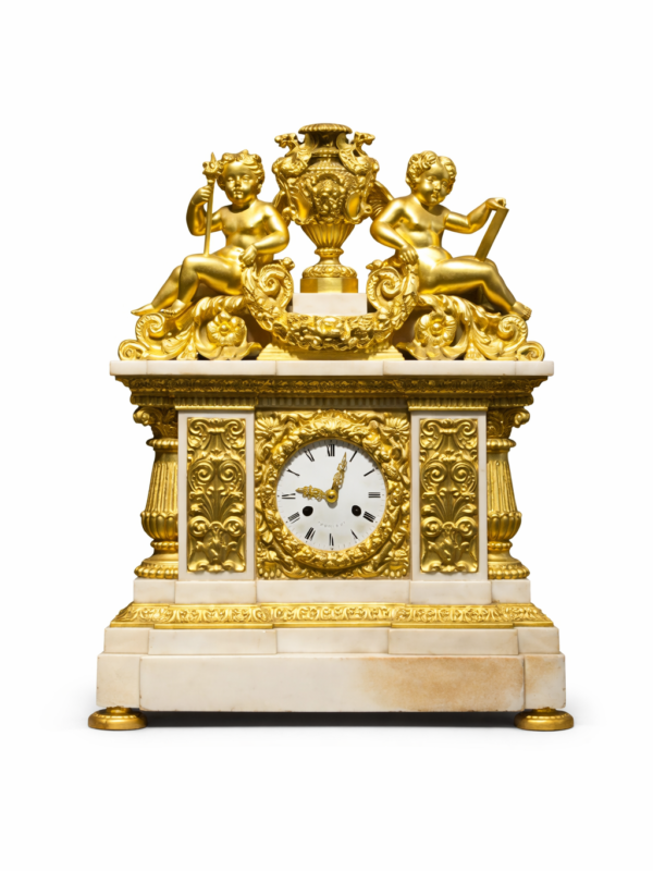 Thomire & Co. French gilt bronze mounted white marble mantel clock