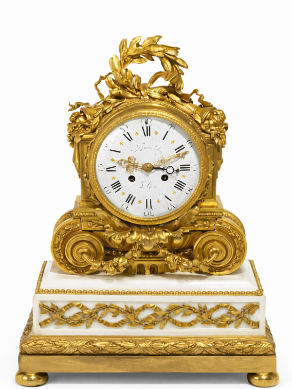 ALFRED BEURDELEY French Louis XVI style gilt bronze and marble mantel clock
