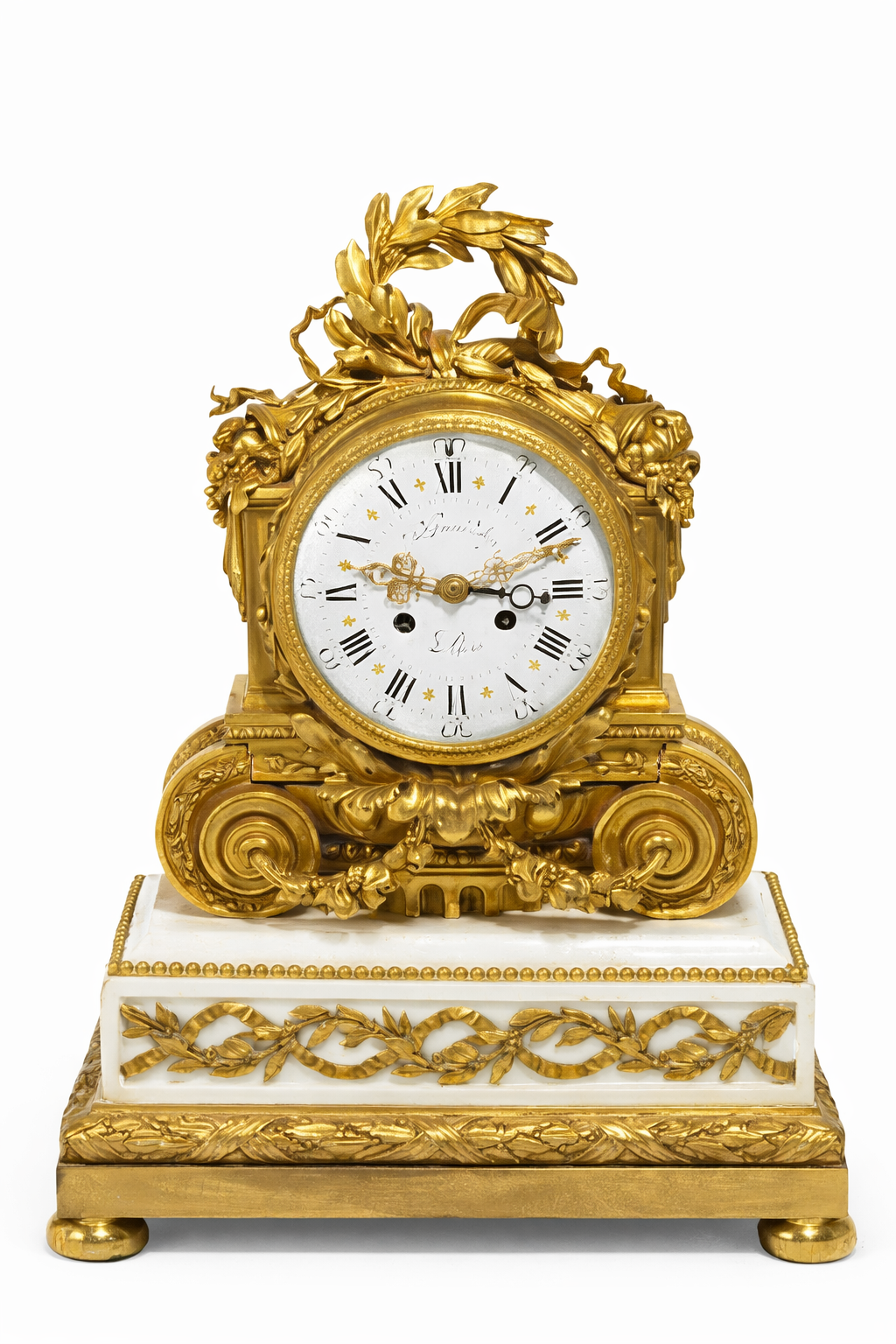 ALFRED BEURDELEY French Louis XVI style gilt bronze and marble mantel clock