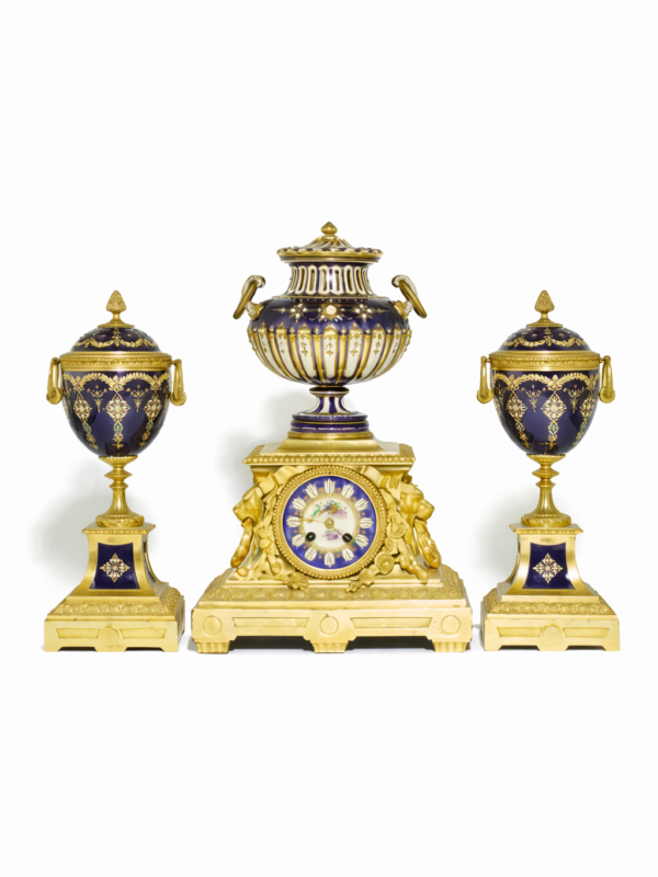 F. Barbedienne, Gilt-bronze & Sevres-style porcelain matched mantel clock garniture, French 1880