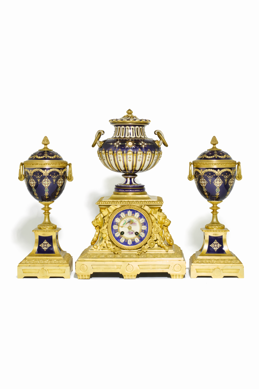 F. Barbedienne, Gilt-bronze & Sevres-style porcelain matched mantel clock garniture, French 1880