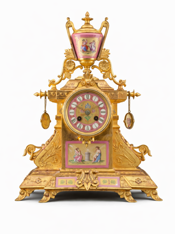 Phillipe H. Mourey Gilt Bronze and Porcelain Table Clock, France, 19th century