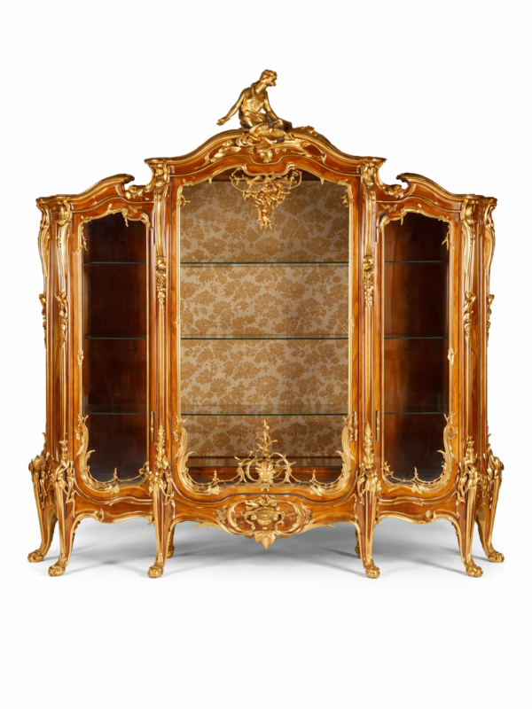Francois Linke French Grande Armoire, gilt bronze mounted satine, kingwood, mahogany, fruitwood and marquetery vitrine.