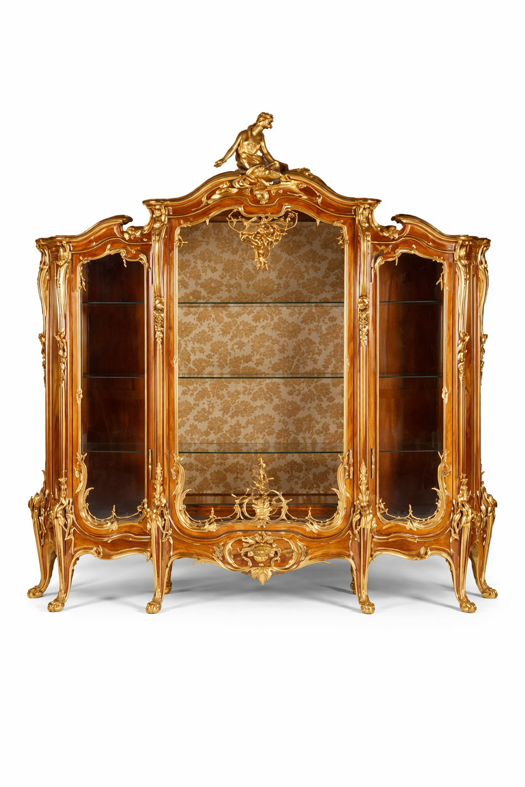 Francois Linke French Grande Armoire, gilt bronze mounted satine, kingwood, mahogany, fruitwood and marquetery vitrine.