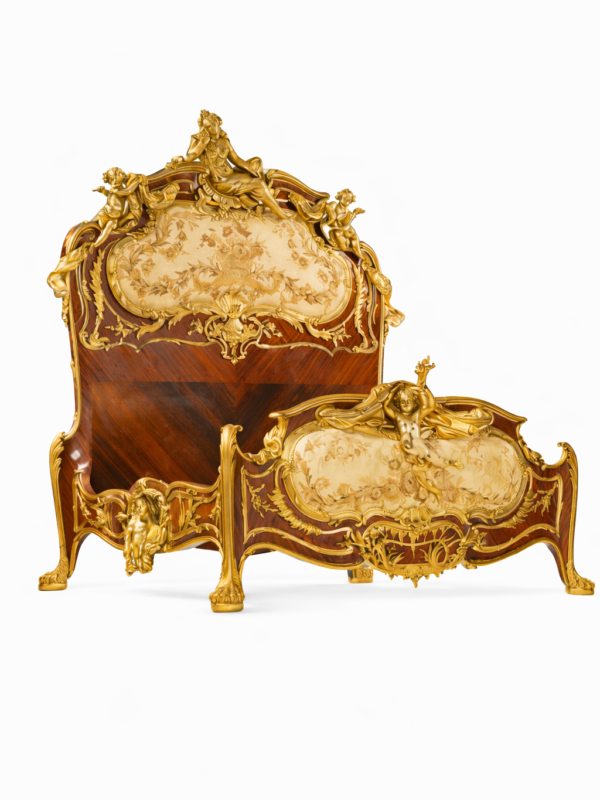 Francois Linke Unique Gilt bronze mounted kingwood,satine and embroidered silk decorated bed, Paris circa 1920.