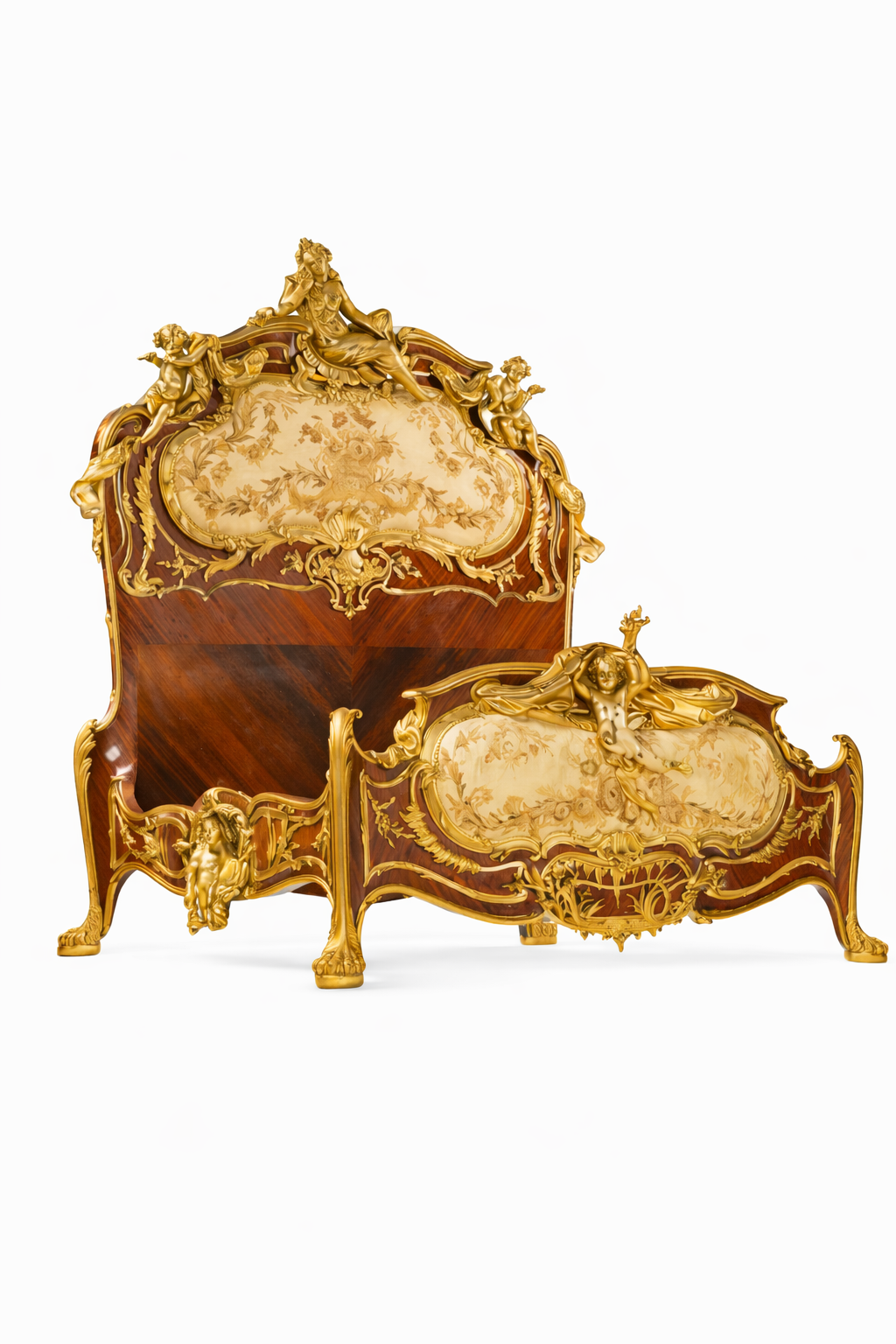 Francois Linke Unique Gilt bronze mounted kingwood,satine and embroidered silk decorated bed, Paris circa 1920.