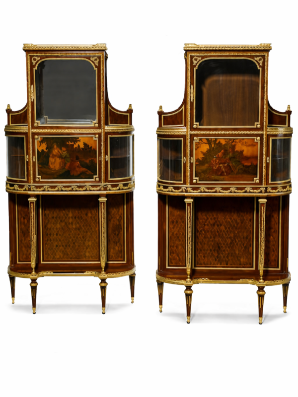 Francois Linke French Gilt Bronze Mounted Vernis Martin Decorated Mahogany pair of Vitrines Circa 1900