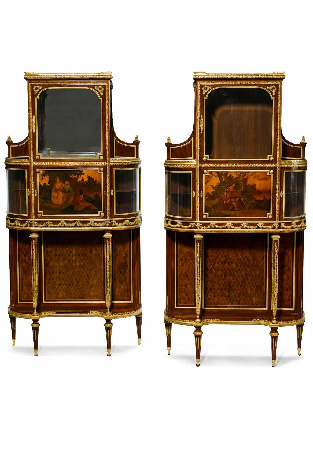 Francois Linke French Gilt Bronze Mounted Vernis Martin Decorated Mahogany pair of Vitrines Circa 1900
