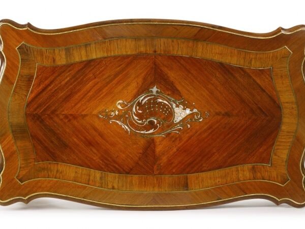 French Louis XV style gilt bronze mounted mahogany, brass & mother of pearl inlay center table