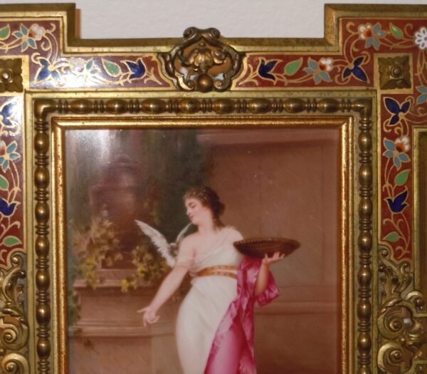 KPM Porcelain plaque A lady with Birds,Circa 1890,the Frame Champleve on Bronze