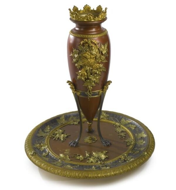 French two-tone gilding and patinated vase centerpiece a goût-grec Provenance: Paris, Circa 1870