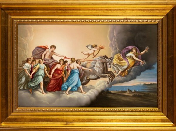 KPM PAINTED PORCELAIN MYTOLOGICAL PLAQUE of APPOLO IN HIS CHARIOT BEING LED BY AURORA signed. circa 1900