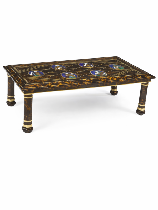 18th Century limoges plaques on a 1940 faux tortoishell and ivory inlaid table signed by Jansen