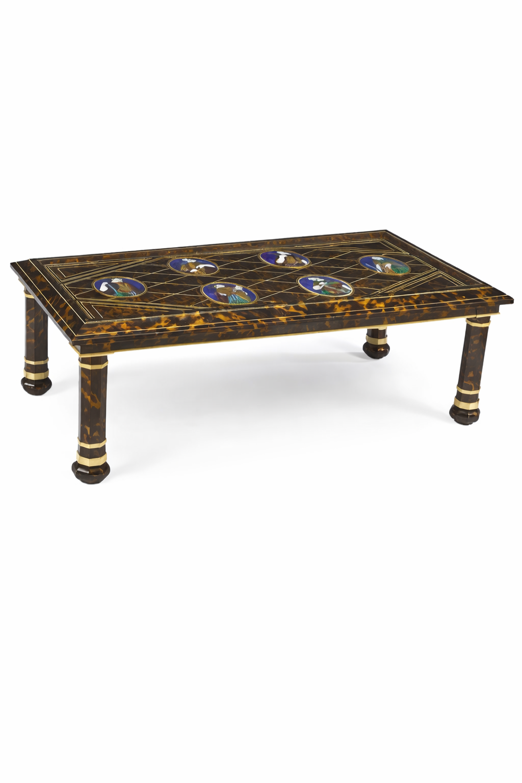 18th Century limoges plaques on a 1940 faux tortoishell and ivory inlaid table signed by Jansen