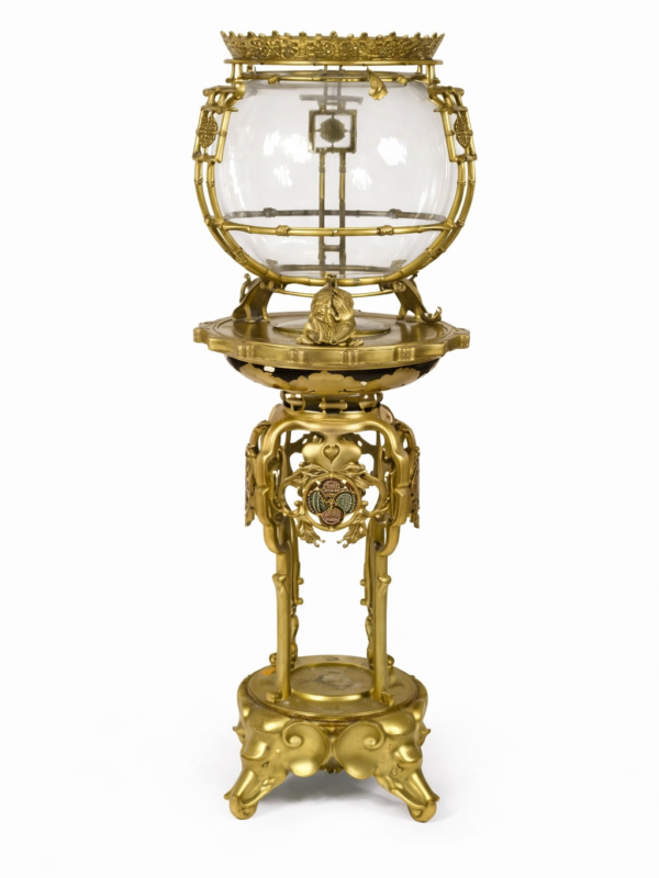 Edouard Livre French Chinoiserie gilt bronze and champleve enamel fish bowl on stand