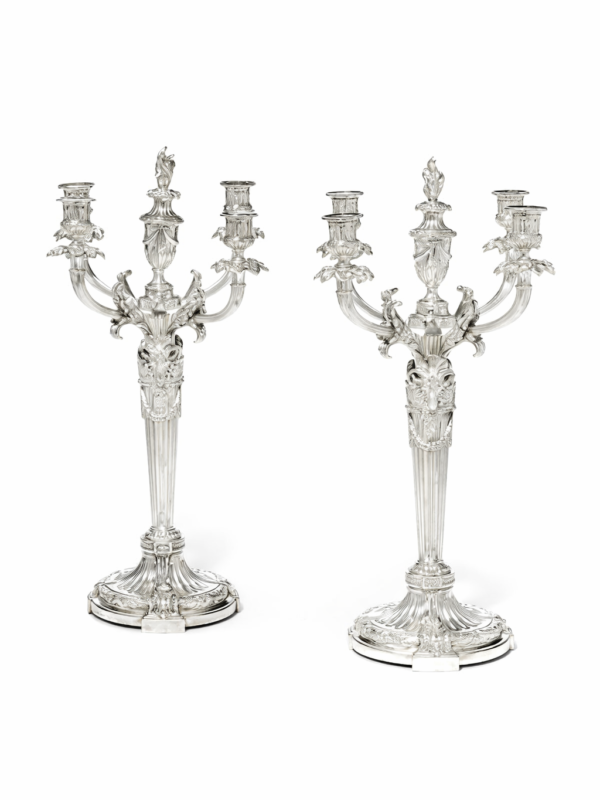 Christofle a Paris, A pair of French silver plated four light candelabra