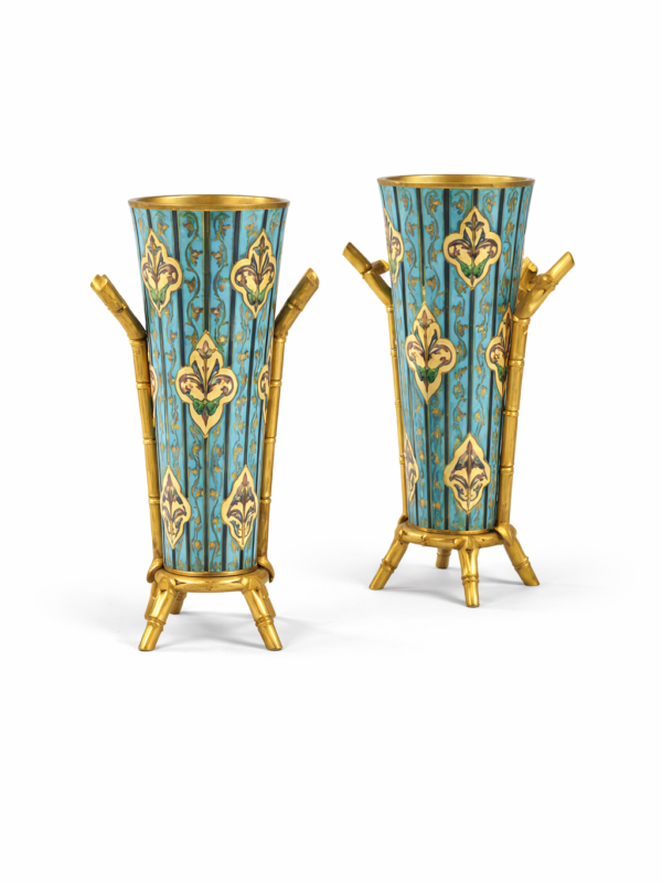 Pair of enameled and gilt-bronze vases with bamboo patterns in the taste of Ferdinand Barbedienne, Late 19th Century