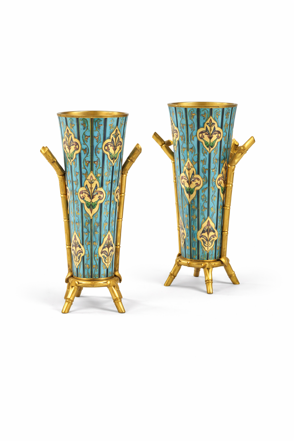 Pair of enameled and gilt-bronze vases with bamboo patterns in the taste of Ferdinand Barbedienne, Late 19th Century