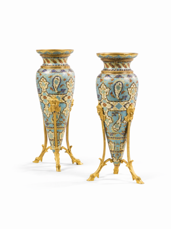 Pair of enameled and gilt-bronze vases with a gilt bronze and crystal lining attributed to Ferdinand Barbedienne, Late 19th Century