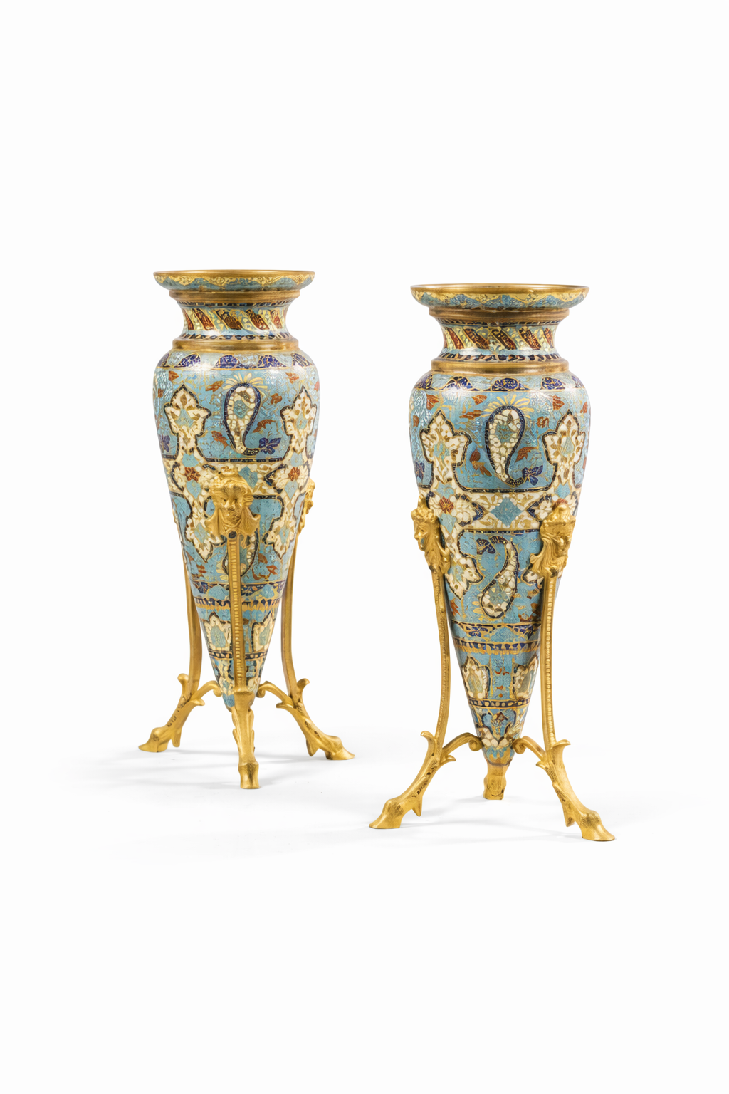 Pair of enameled and gilt-bronze vases with a gilt bronze and crystal lining attributed to Ferdinand Barbedienne, Late 19th Century