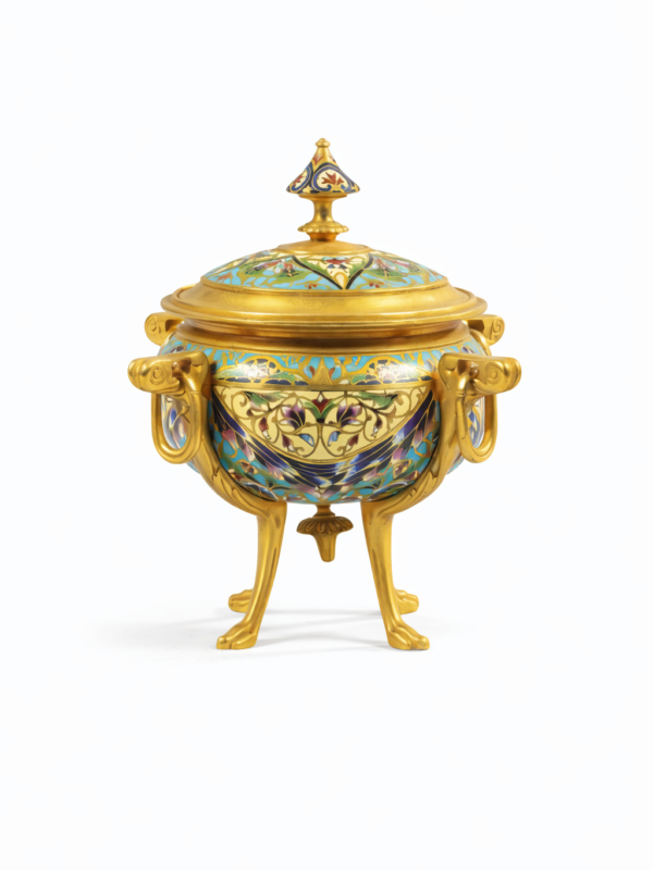 A small enameled and gilt-bronze cup and cover with polychrome decoration of flowers