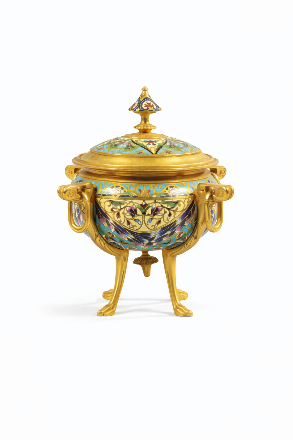 A small enameled and gilt-bronze cup and cover with polychrome decoration of flowers