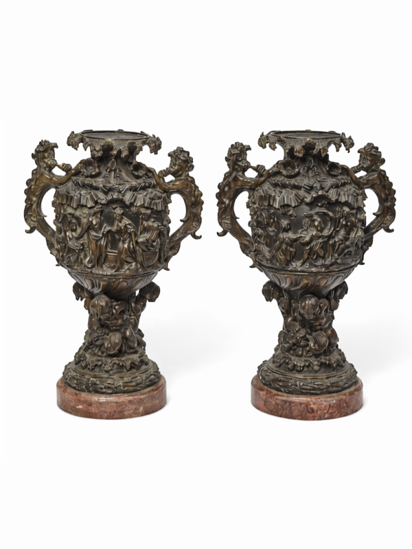 A Monumental pair of good and imposing Continental patinated bronze urns