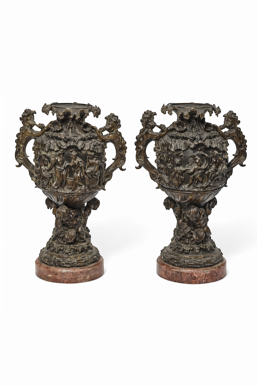 A Monumental pair of good and imposing Continental patinated bronze urns