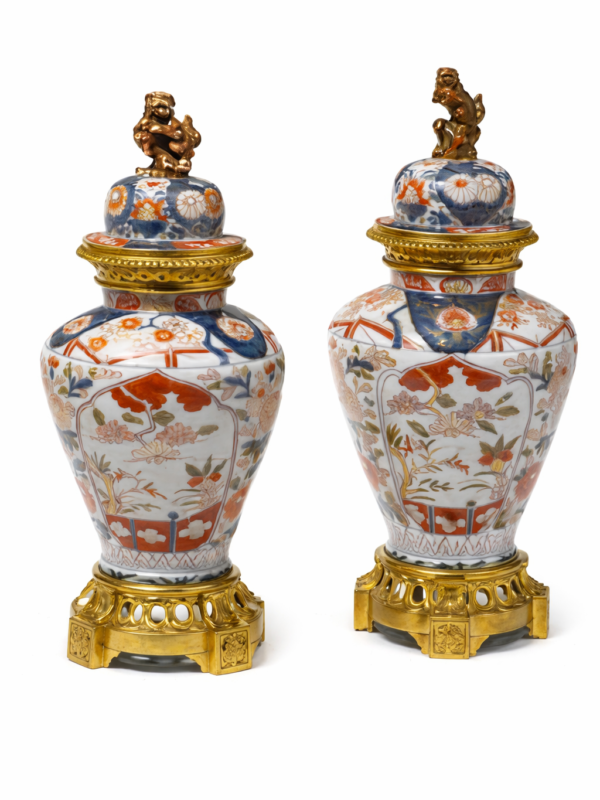 Signed H. Dasson, pair of French gilt bronze mounted Japanese Imari porcelain covered urns