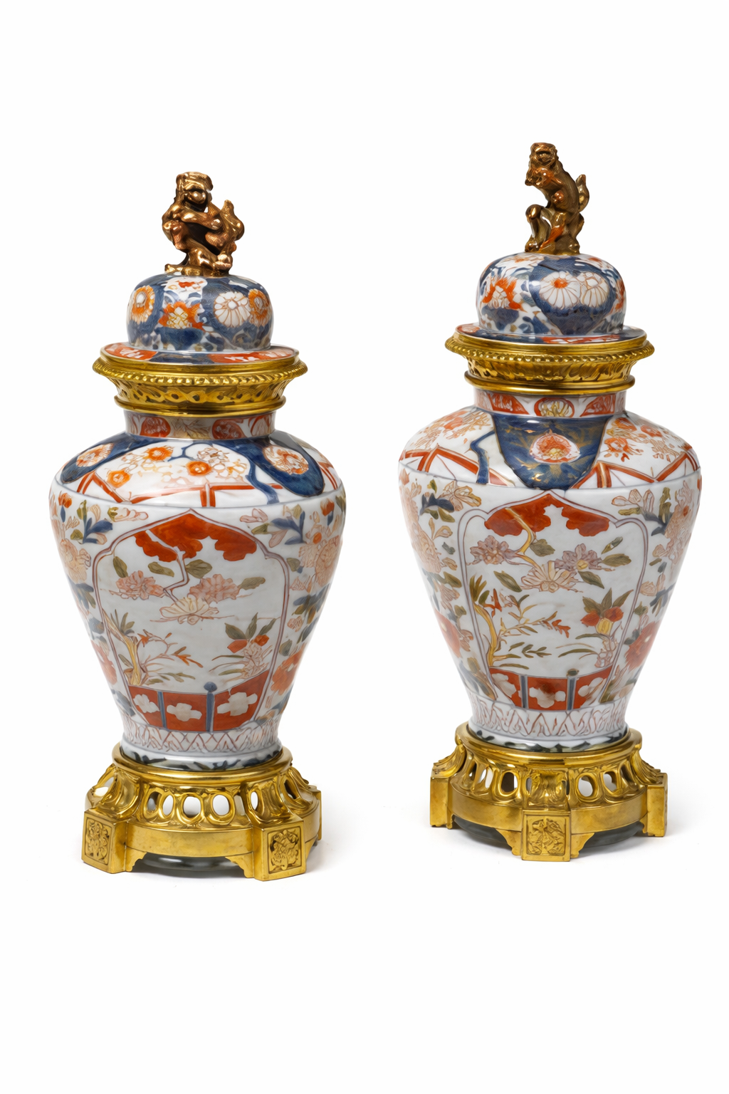 Signed H. Dasson, pair of French gilt bronze mounted Japanese Imari porcelain covered urns