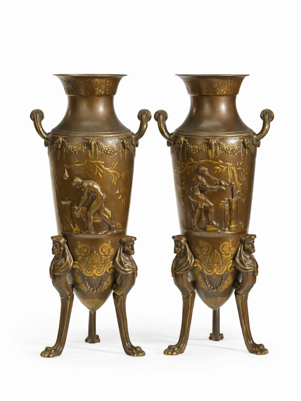 Pair of late 19th Century French gilt and patinated bronze urns of amphora shape