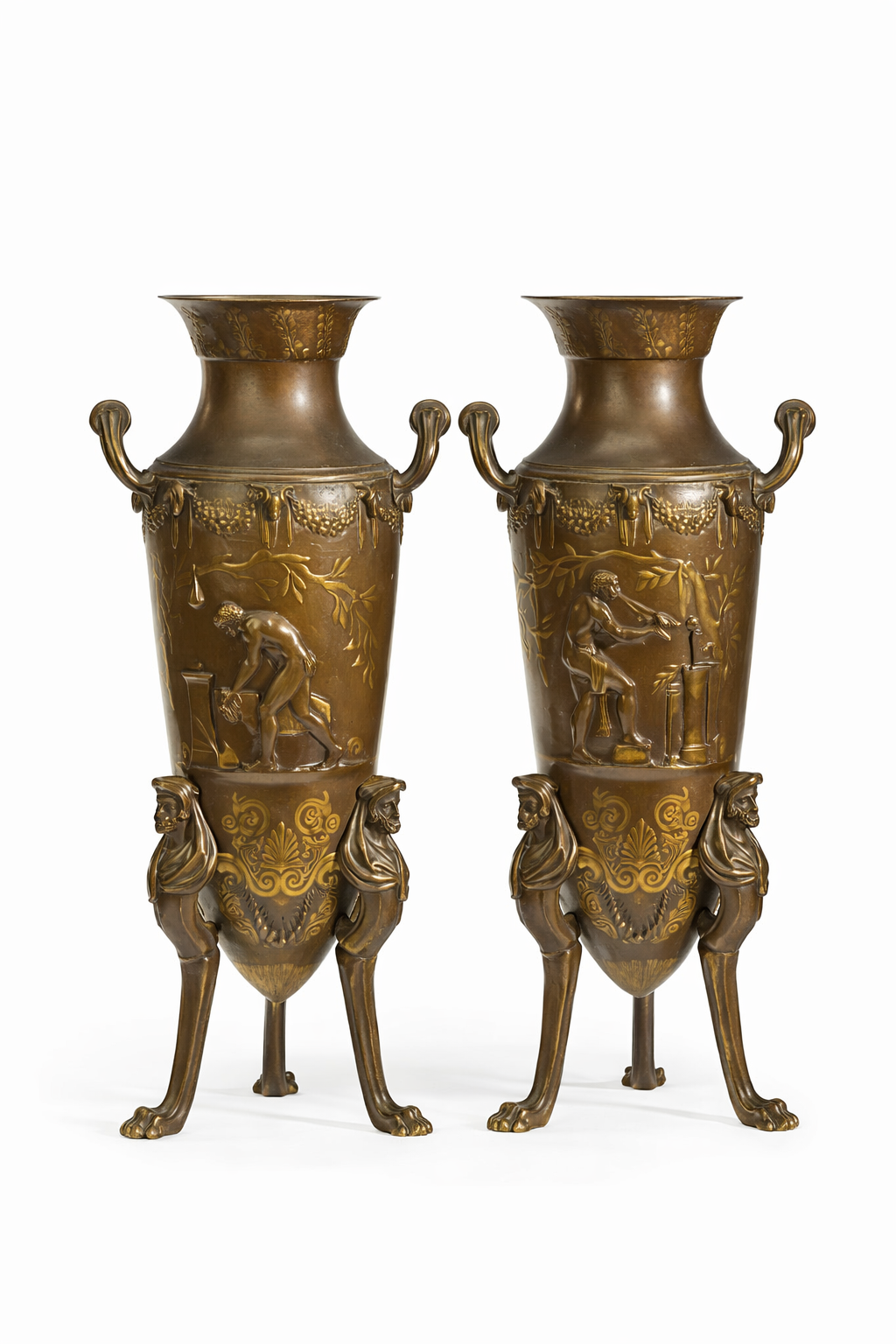 Pair of late 19th Century French gilt and patinated bronze urns of amphora shape