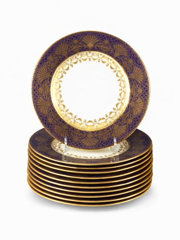 12 Lenox porcelain plates with gilt and cobalt blue rims
