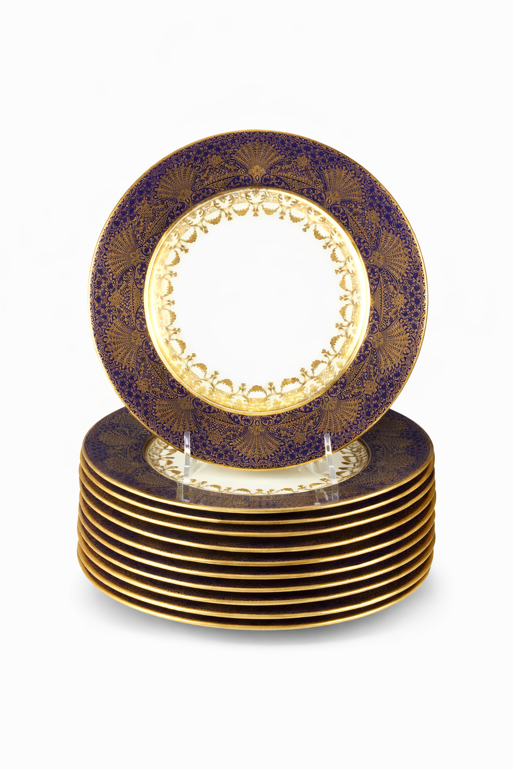 12 Lenox porcelain plates with gilt and cobalt blue rims