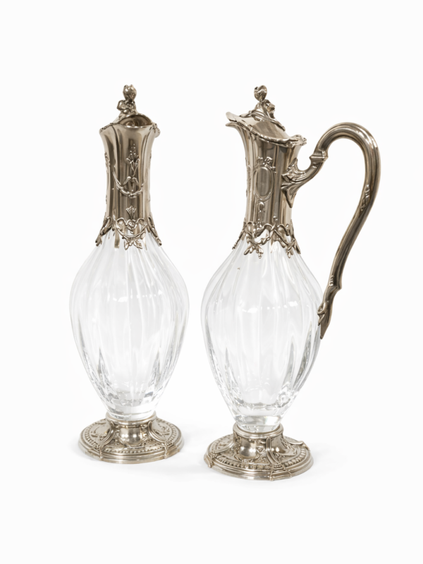 Odiot and Tetard signed Pair of Silver mounted crystal Claret Jugs