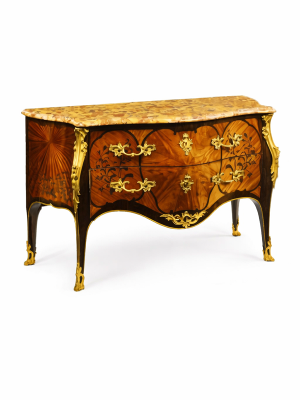 French Louis XV style gilt bronze mounted purplewood, satine & fruitwood marquetry commode