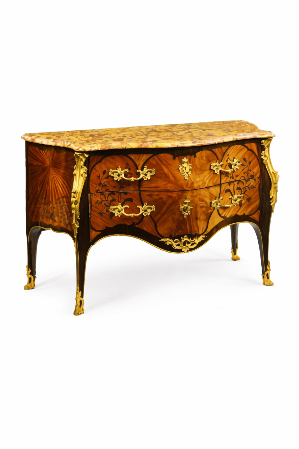 French Louis XV style gilt bronze mounted purplewood, satine & fruitwood marquetry commode