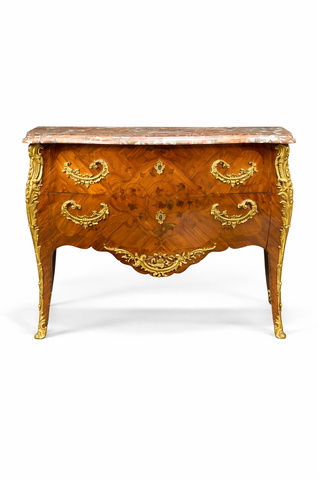 French Louis XV style gilt bronze mounted marquetry commode