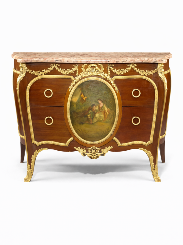 French Louis XV style gilt bronze mounted mahogany commode