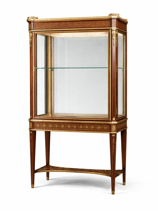 Paul Sormani Paris, French Louis XVI style gilt bronze mounted inlaid walnut vitrine.