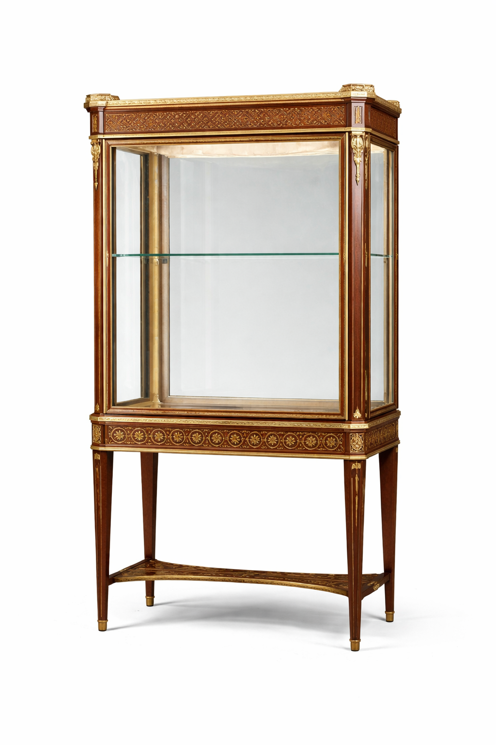 Paul Sormani Paris, French Louis XVI style gilt bronze mounted inlaid walnut vitrine.