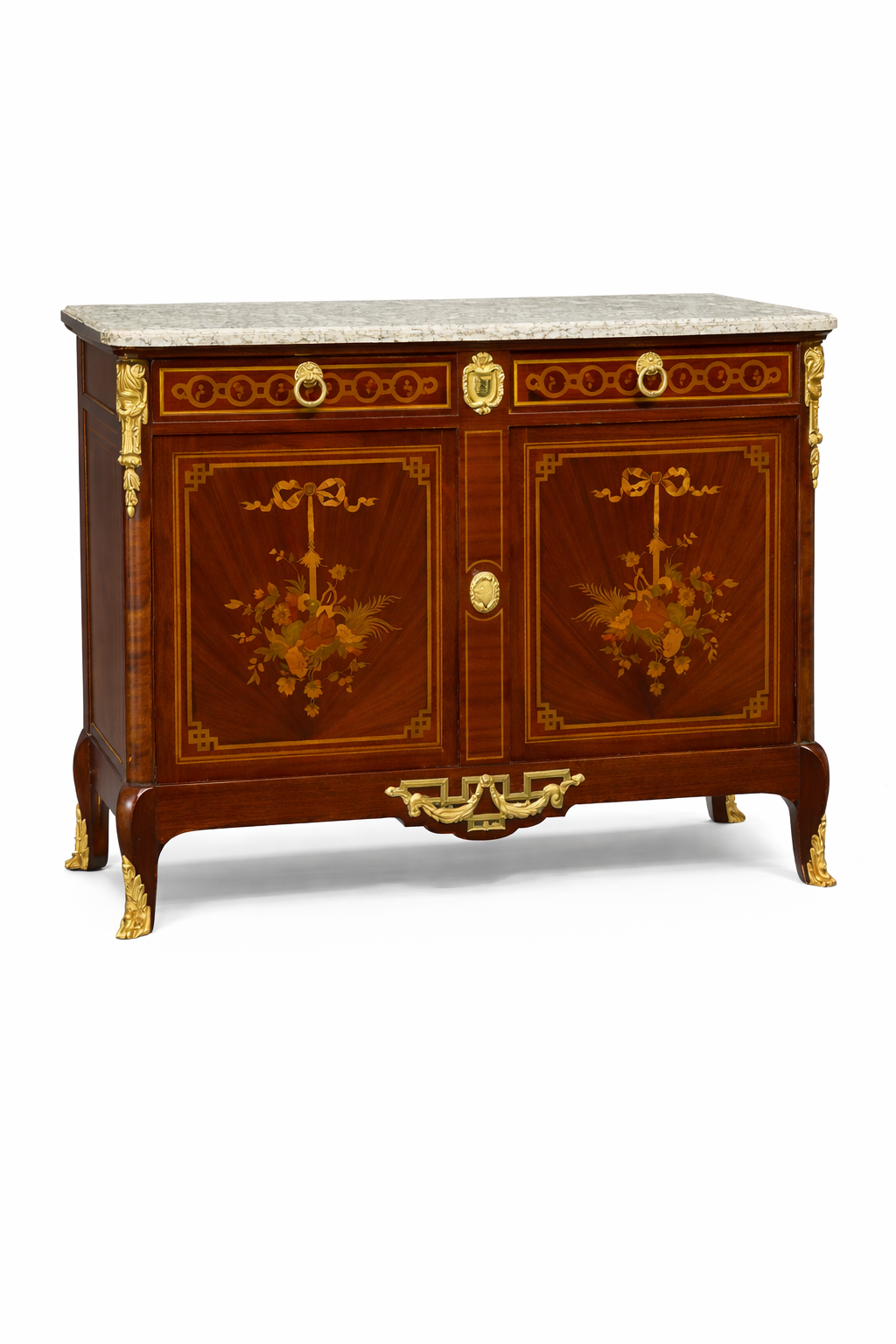 Khol a Paris, French Louis XVI style gilt bronze mounted marquetry inlaid mahogany buffet