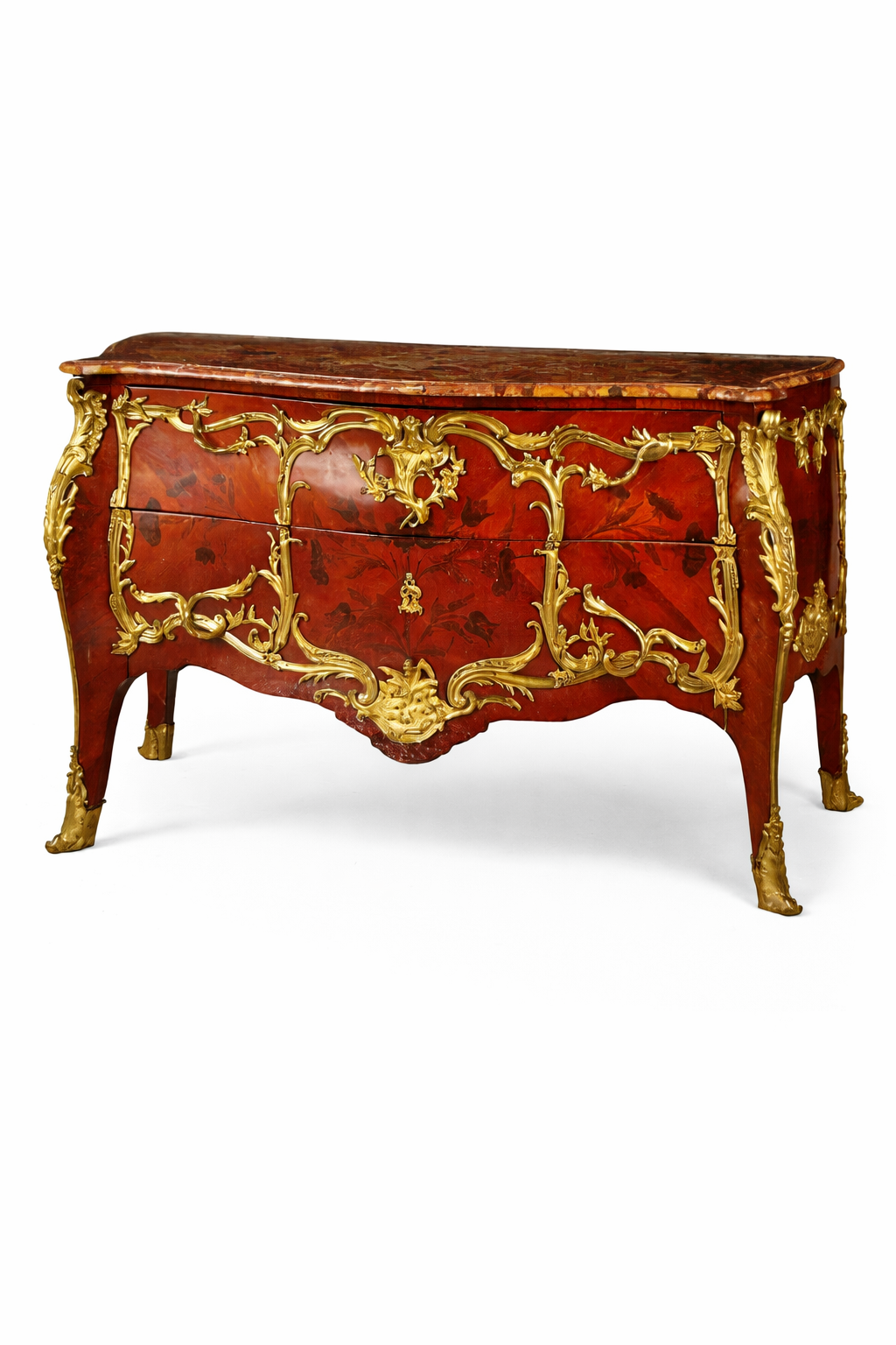 French commode gilt-metal mounted marquetry inlaid mahogany in the style of Louis XV