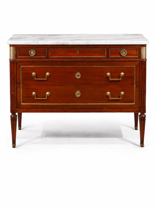 French Louis XVI Style, Ormolu and Brass-mounted Mahogany Marble Top commode Circa 1790