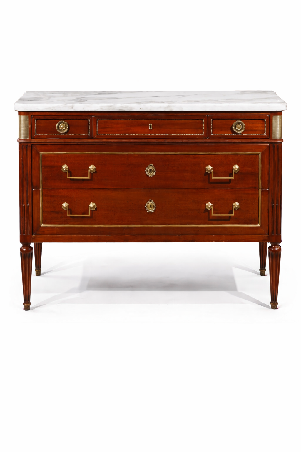 French Louis XVI Style, Ormolu and Brass-mounted Mahogany Marble Top commode Circa 1790