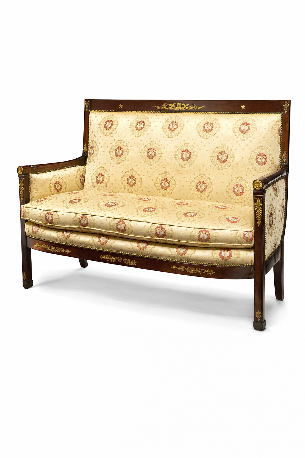 French Empire style gilt bronze mounted mahogany canapé with fully upholstered back, sides and banquet seat.