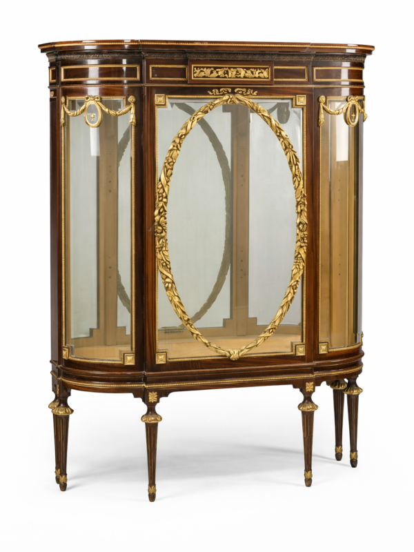Louis XVI style gilt bronze mounted, parcel gilt and inlaid mahogany vitrine cabinet. circa 1900