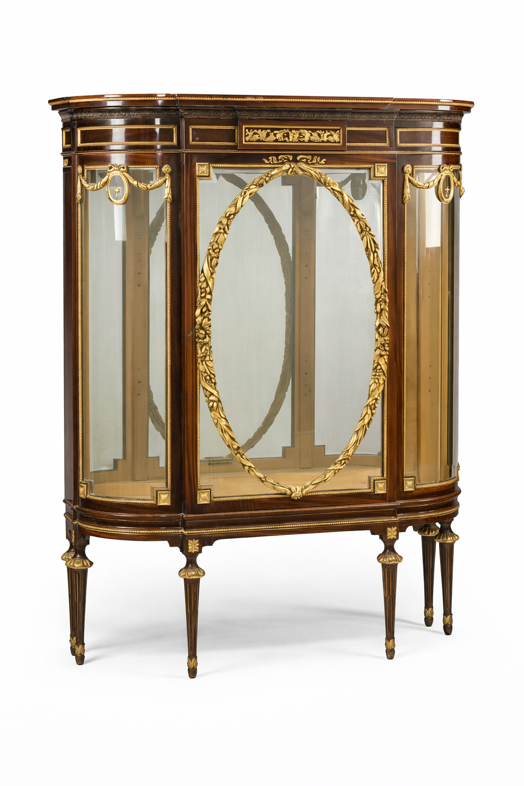 Louis XVI style gilt bronze mounted, parcel gilt and inlaid mahogany vitrine cabinet. circa 1900