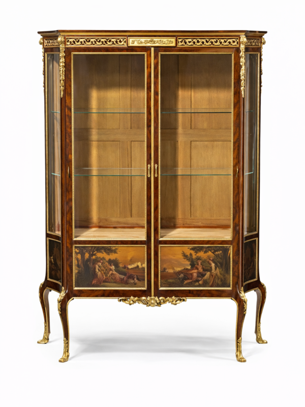 A Louis XVI style gilt bronze mounted and Vernis Martin mahogany vitrine