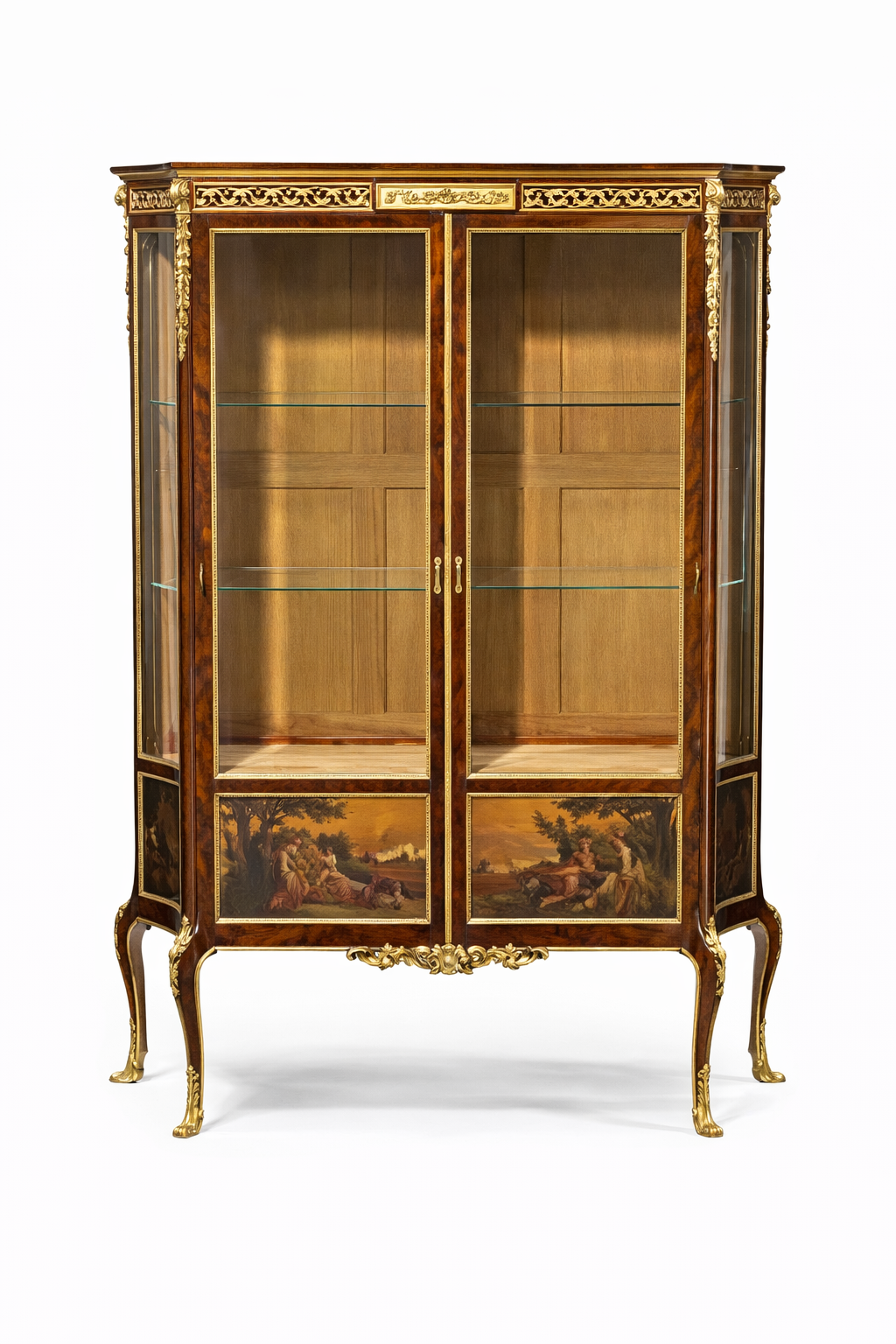 A Louis XVI style gilt bronze mounted and Vernis Martin mahogany vitrine